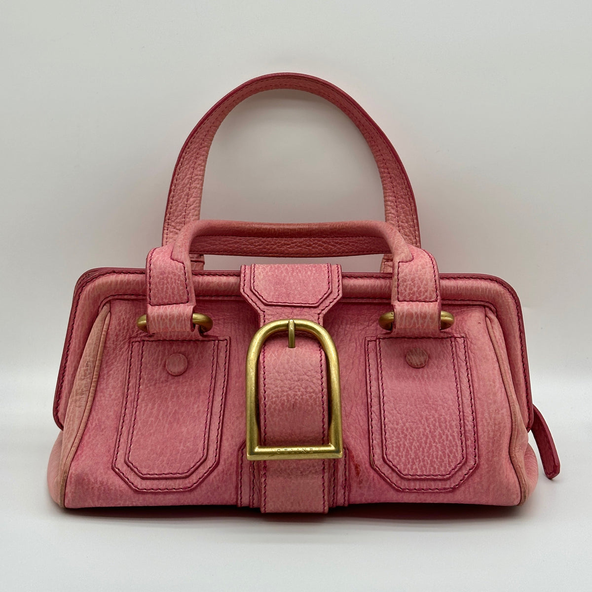 Celine Grained Leather Buckle Detail Pink Handbag