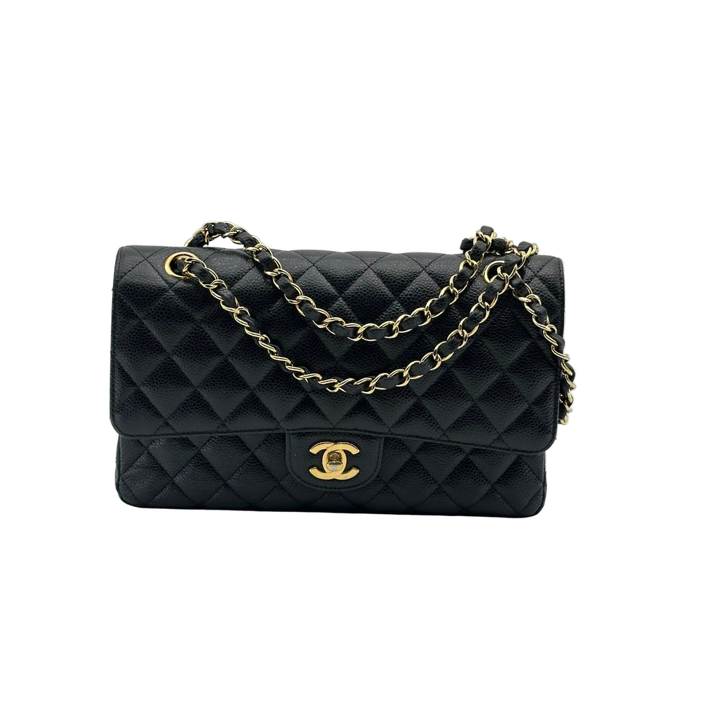 Chanel Matelasse 25 Caviar Skin Double Flap Double Chain Bag Black Gold Metal Fittings 26052533 26XXXXXX A01112