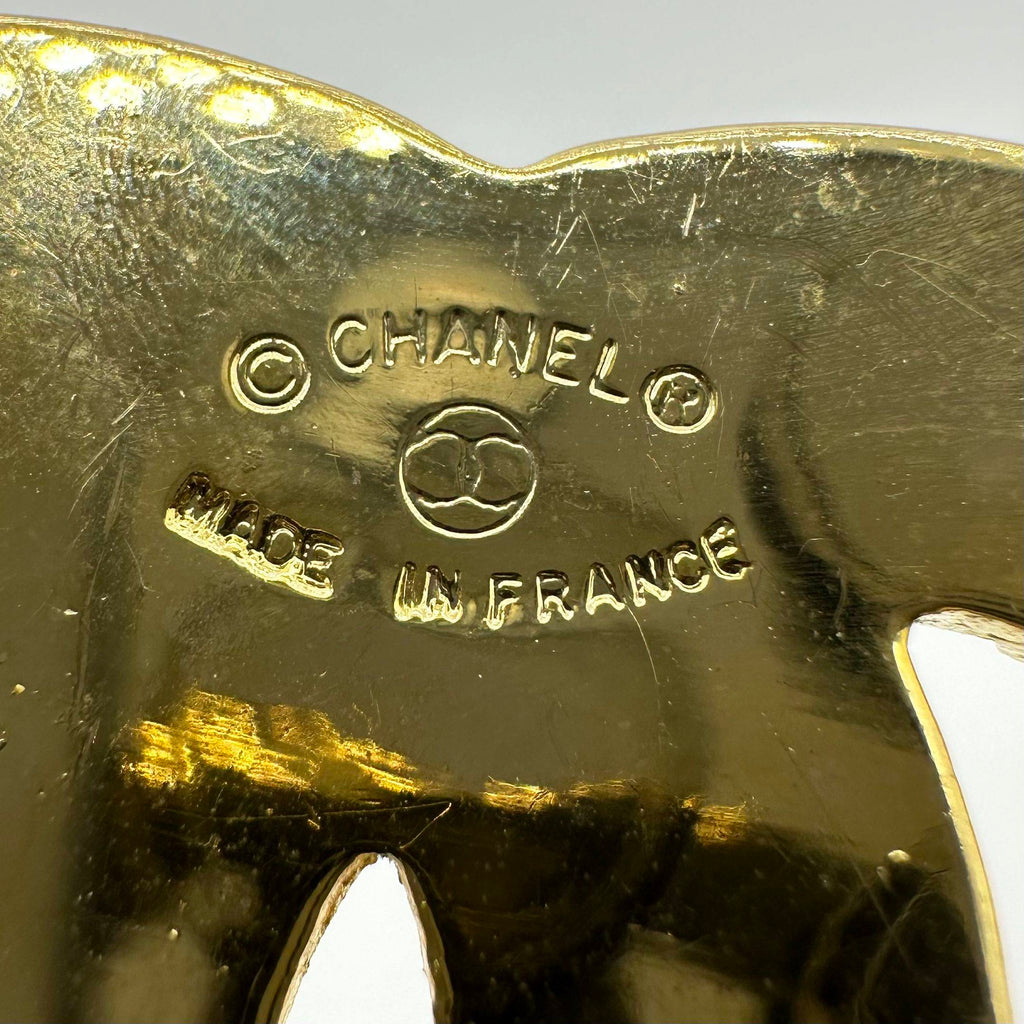 Chanel Gold Wheat Trim Rhinestone Double C Logo Brooch