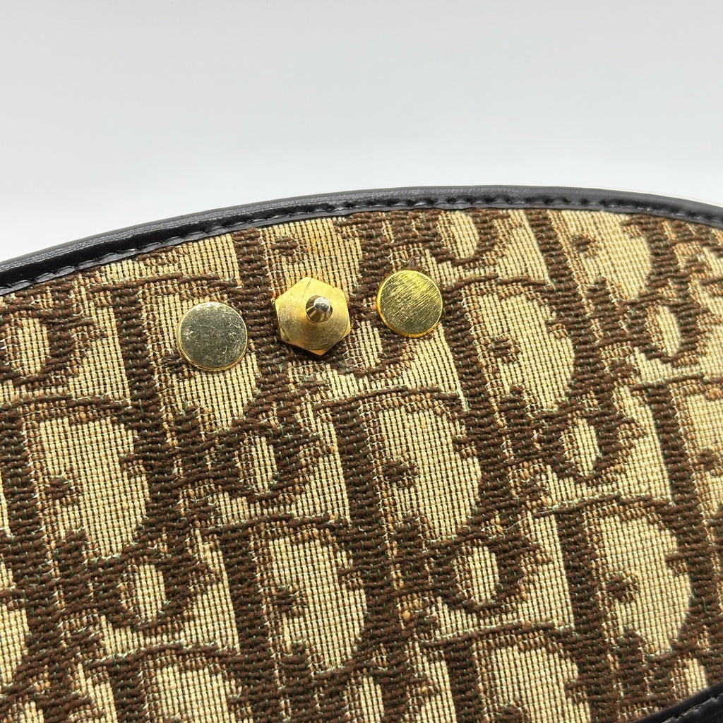 pre-owned christian dior trotter canvas shoulder bag beige gold