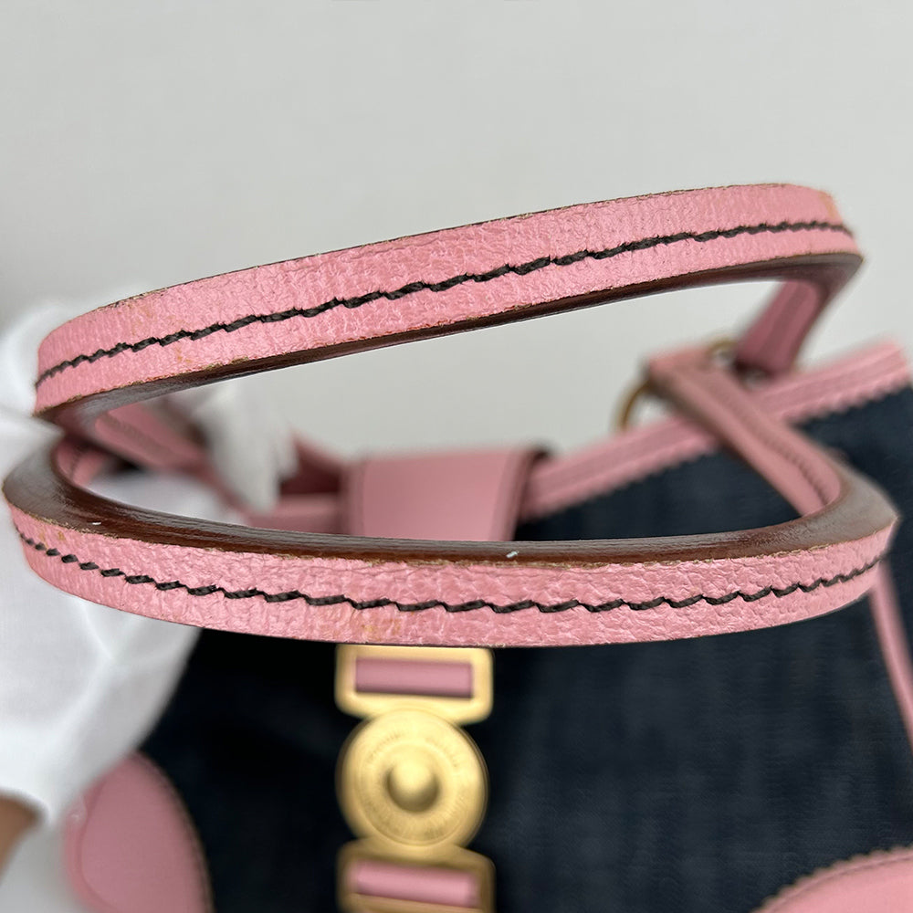 Miu Miu Denim Leather Tote Bag Gold Coin Hardware Pink 2Way Shoulder Handbag Casual Bag