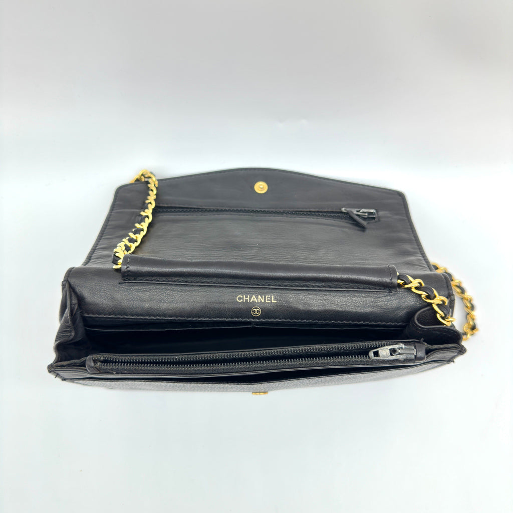 Chanel Coco Mark Caviar Leather Black Chain Wallet