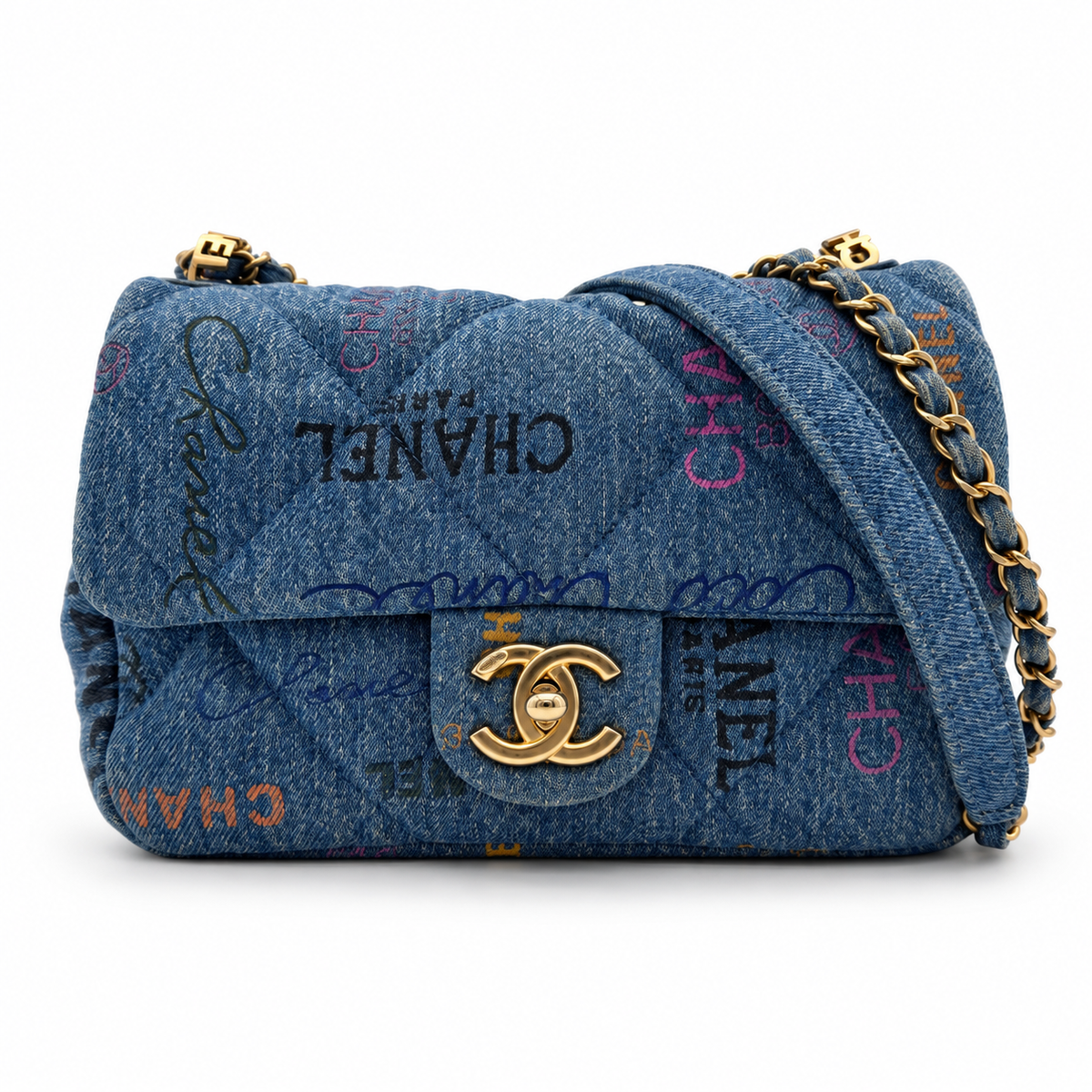 Chanel Matelasse Denim Chain Shoulder Bag Blue Gold Metal Fittings IC Chip