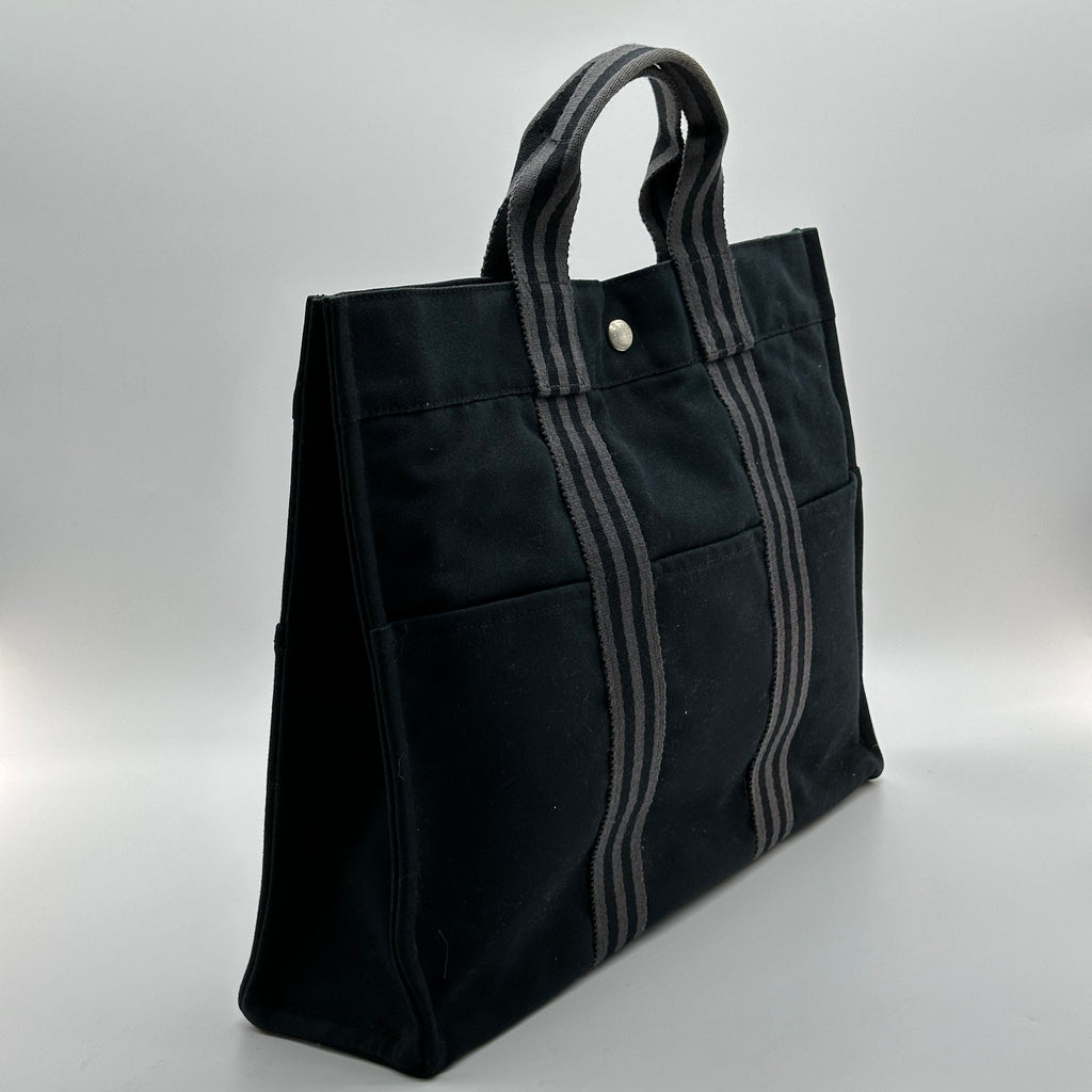 Hermes Herline MM Black Gray Canvas Tote Bag