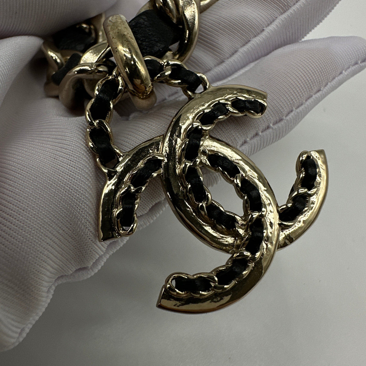 Chanel Gold-Tone Black Leather Woven Chain CC Pendant Necklace