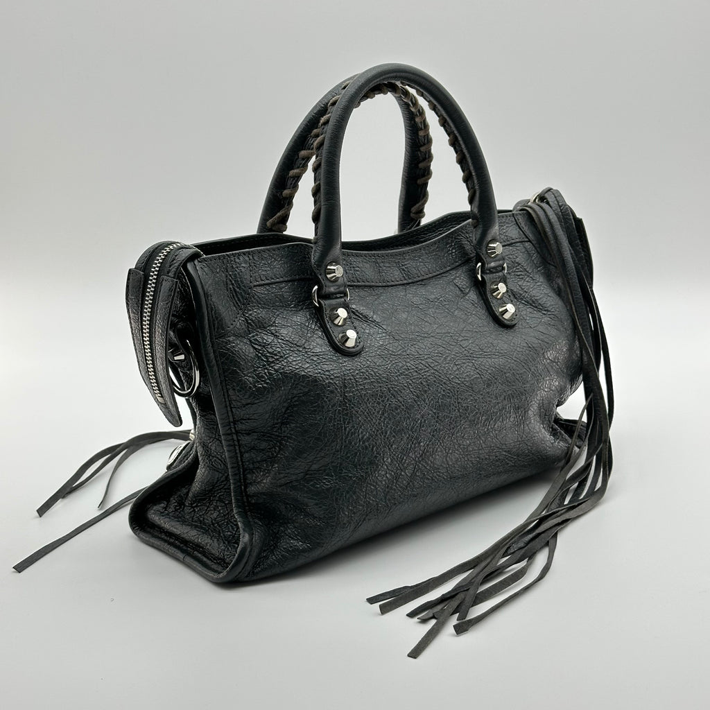 Balenciaga  Calfskin Leather  Silver Motorcycle City Bag