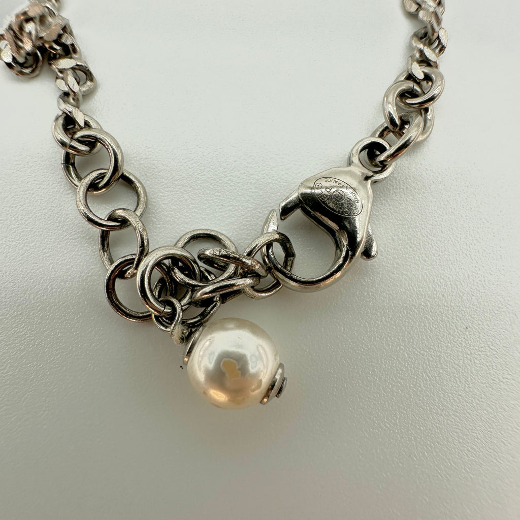 Chanel Metal Rhinestone and Faux Pearl CC Logo C22P One Size Silver Charm Bracelet