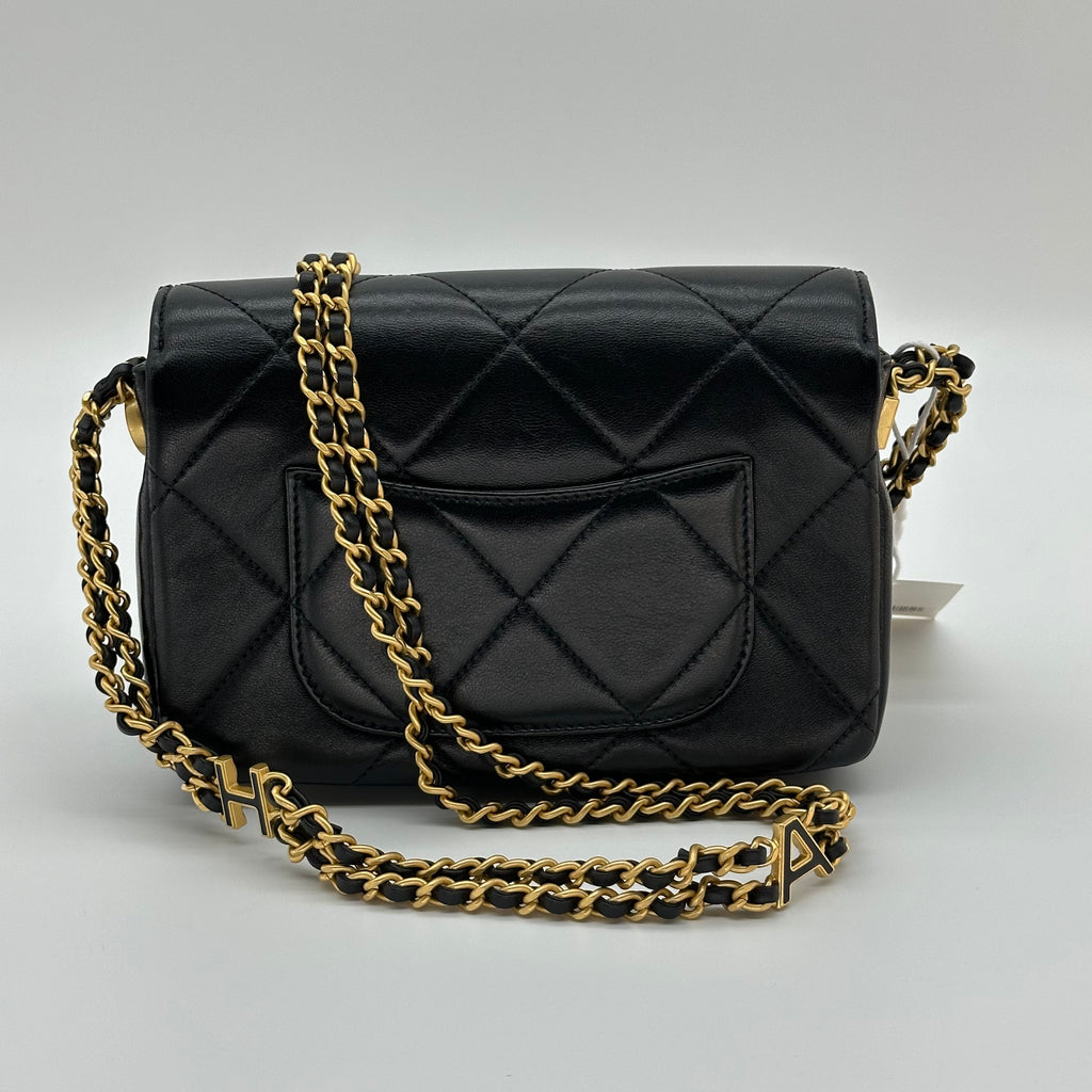 Chanel 24S Lambskin Double Chain Square Flap Bag Enamel Coco Logo Black Gold Hardware RFID