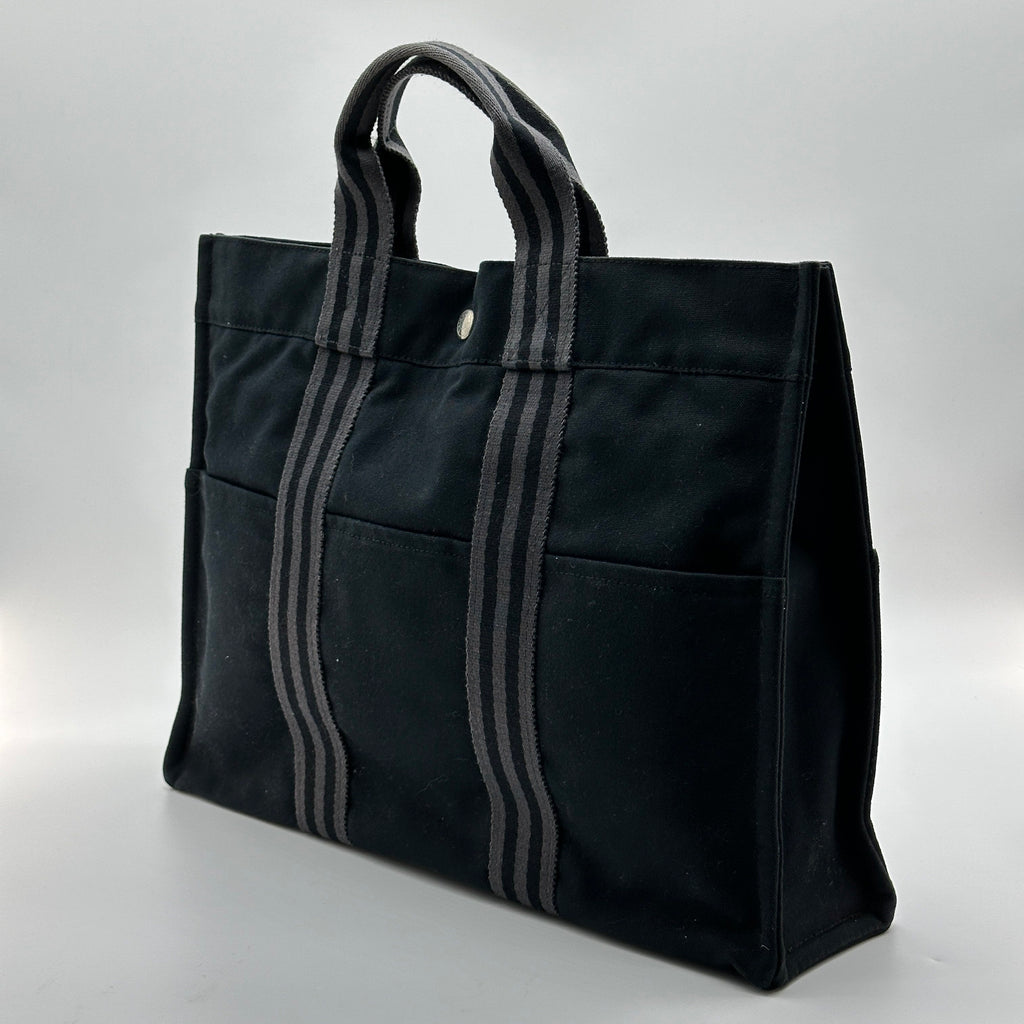 Hermes Herline MM Black Gray Canvas Tote Bag