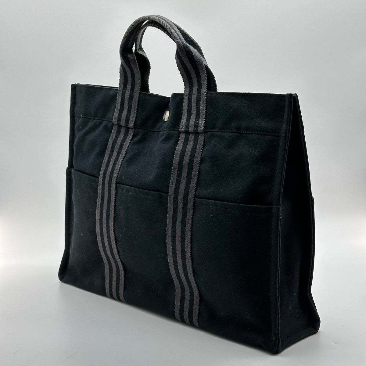 Hermes Herline MM Black Gray Canvas Tote Bag