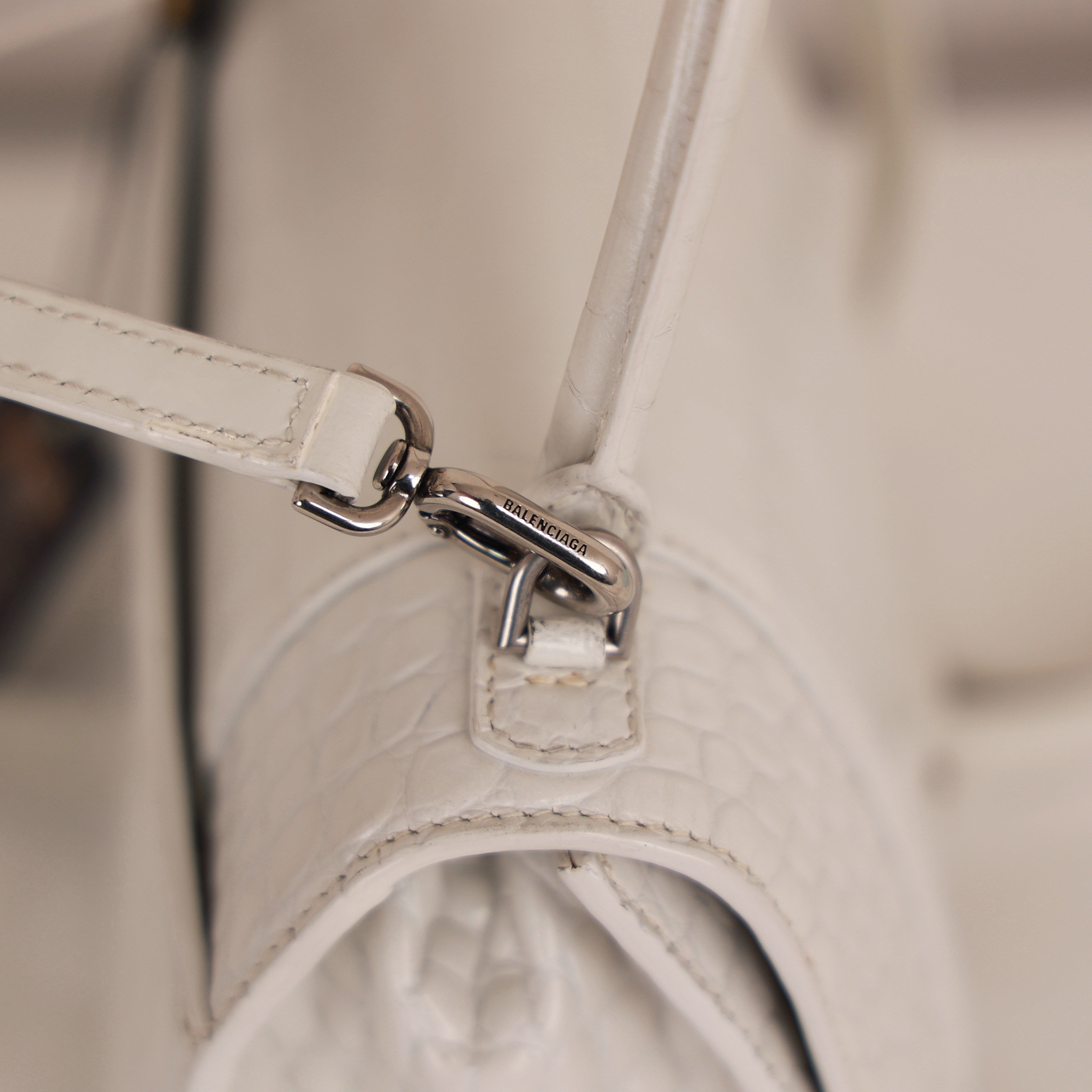 White Croc Embossed Leather Small Hourglass Top Handle Bag w/ Strap