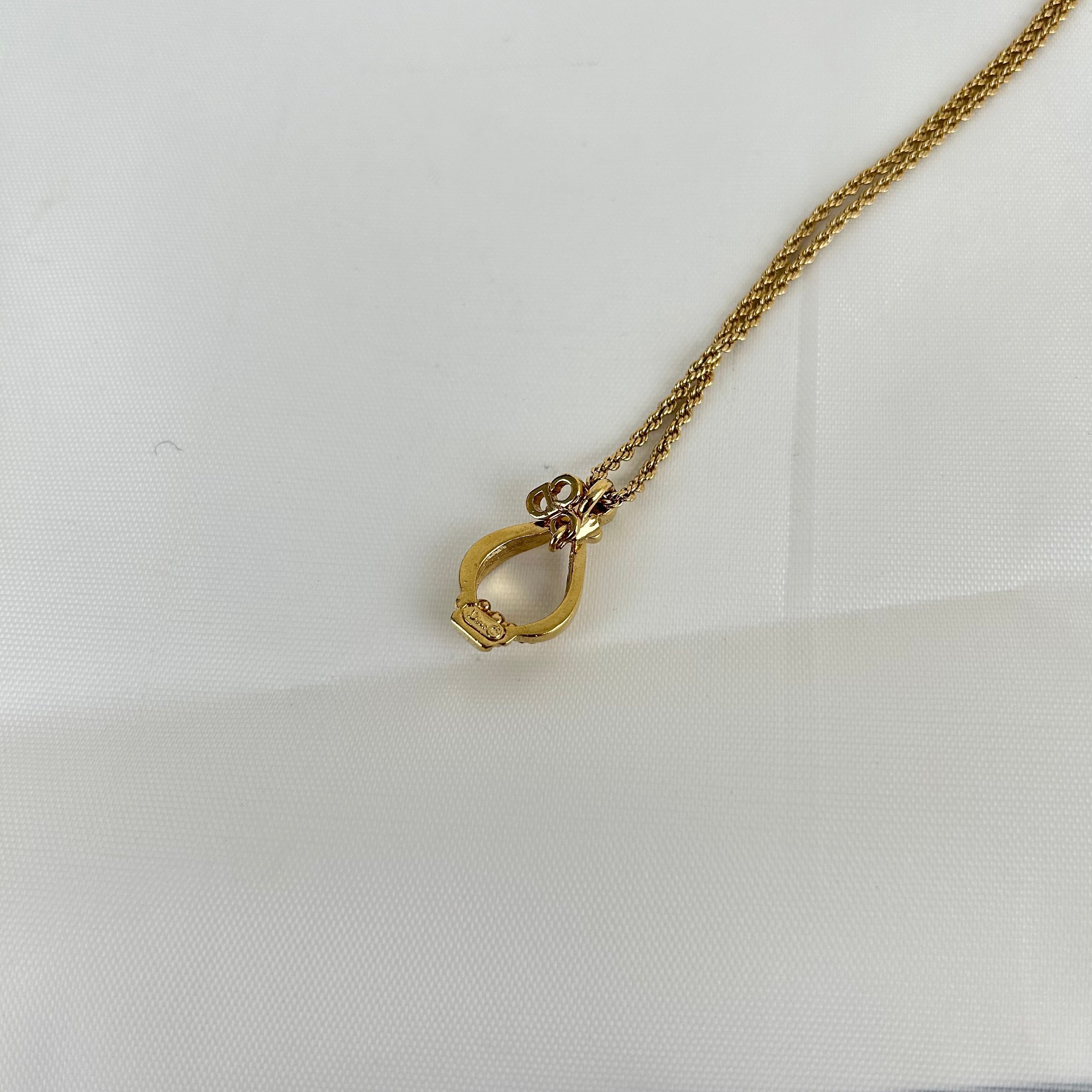 Christian Dior CD Logo Drop Motif Necklace Gold Tone GP Plated Rhinestone