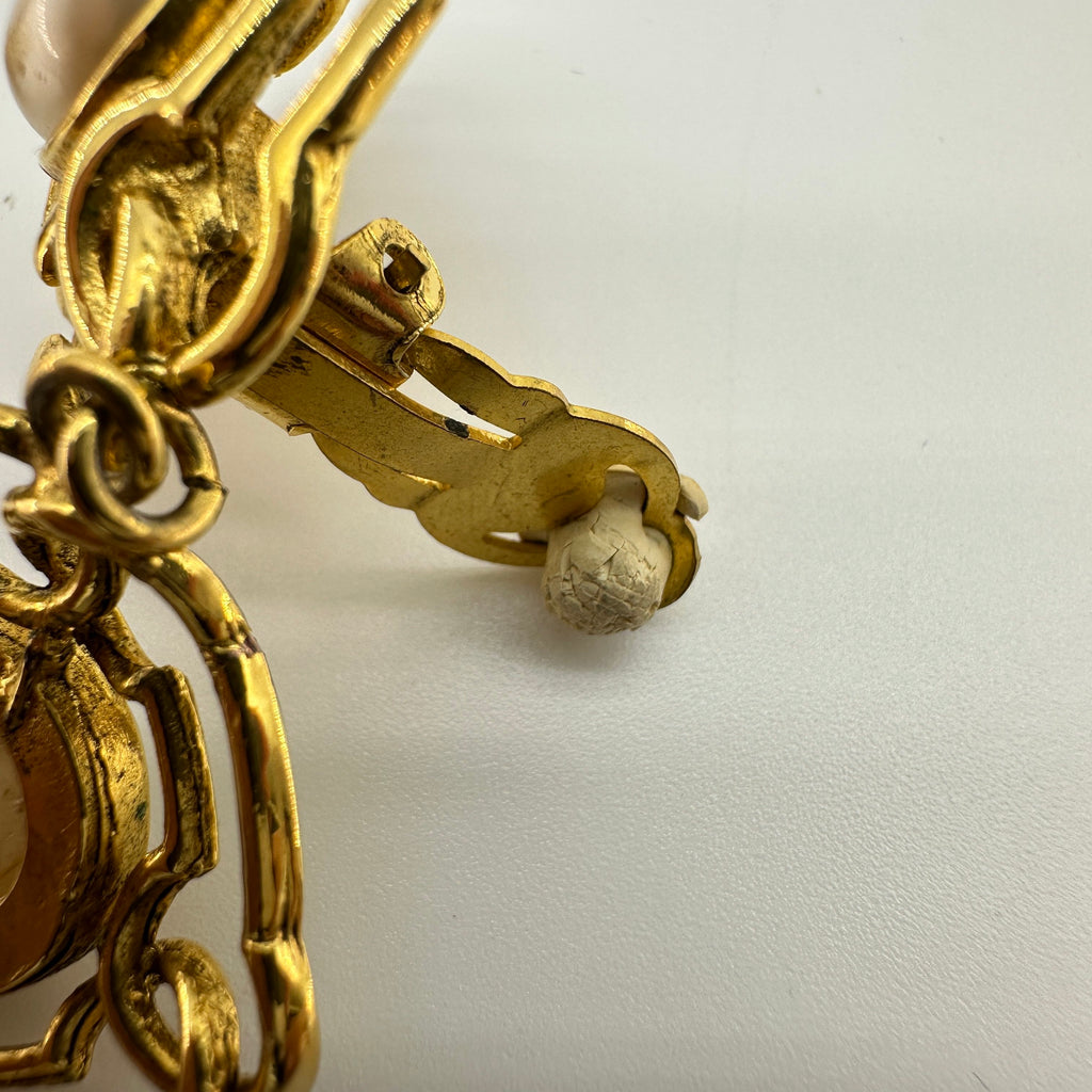 Chanel Faux Pearl Gold-Tone Camellia Drop Earrings