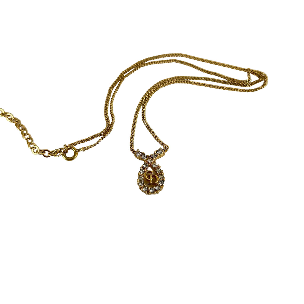 クリスチャン・ディオール Ribbon Motif ネックレス ゴールド カラー GP Rhinestone Pendant ヴィンテージ Jewelry