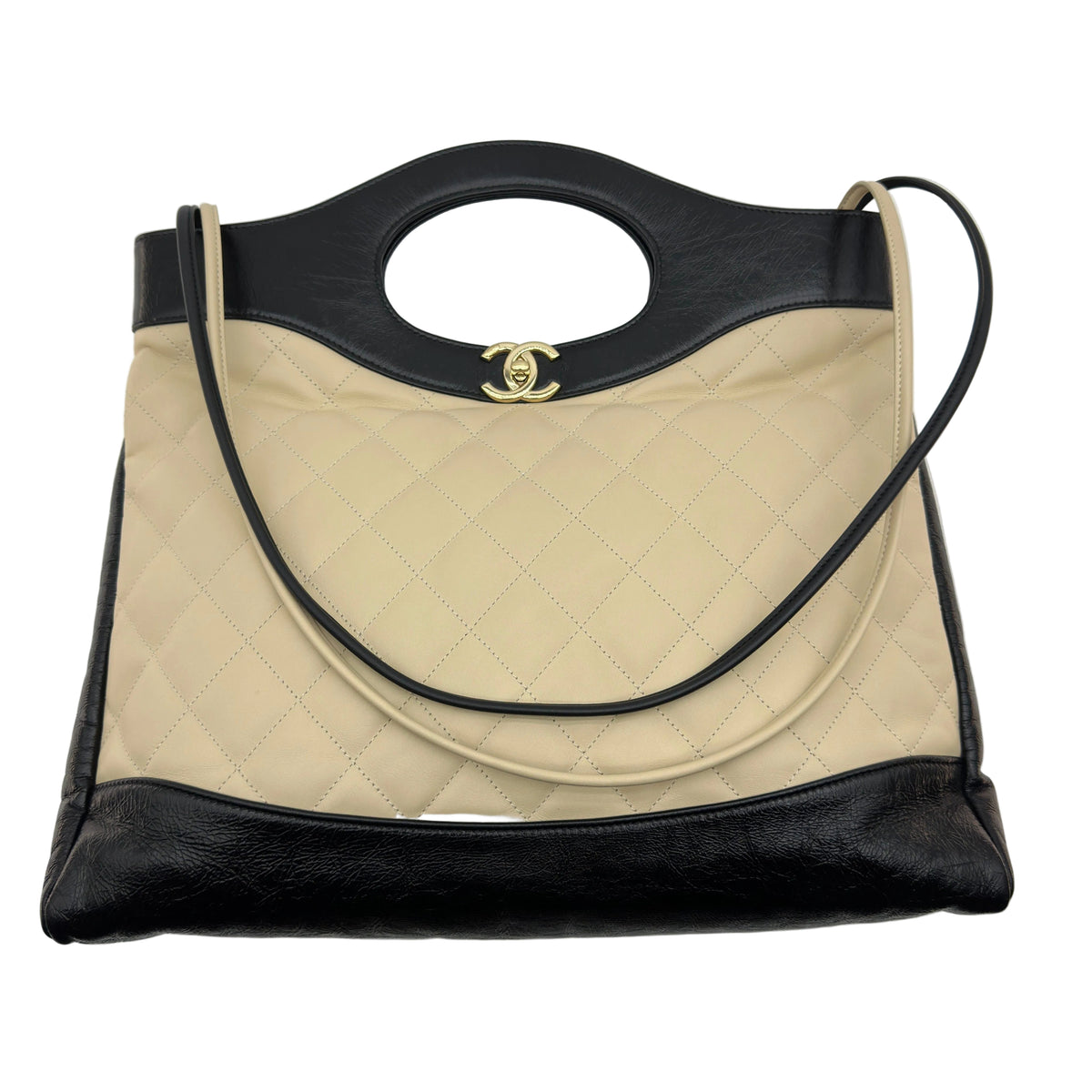 Chanel Quilted Beige Black Leather Trim Shoulder Tote Bag