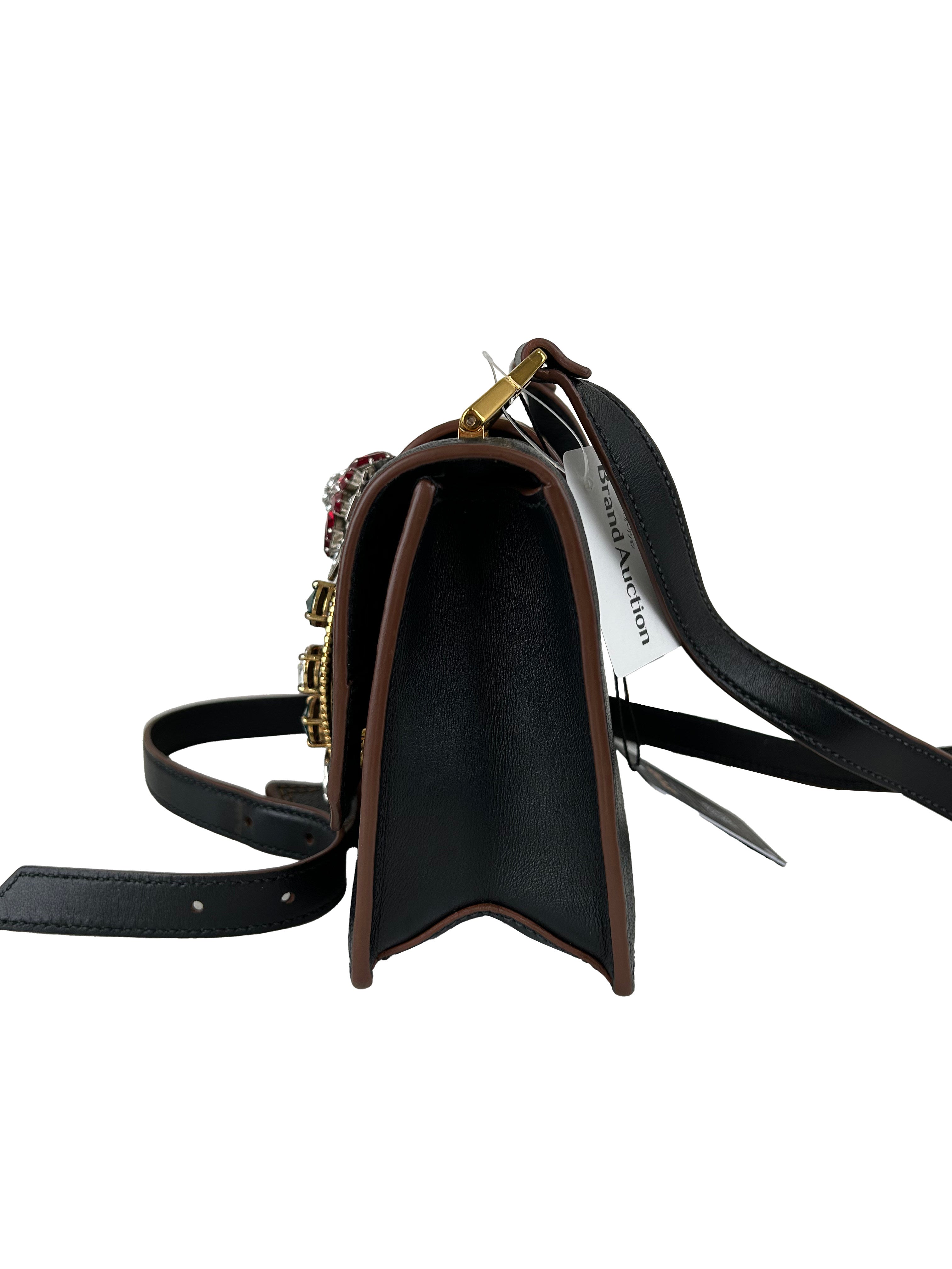 MIUMIU Black Madras Leather Crystal Embellished Buckle Flap Shoulder Bag
