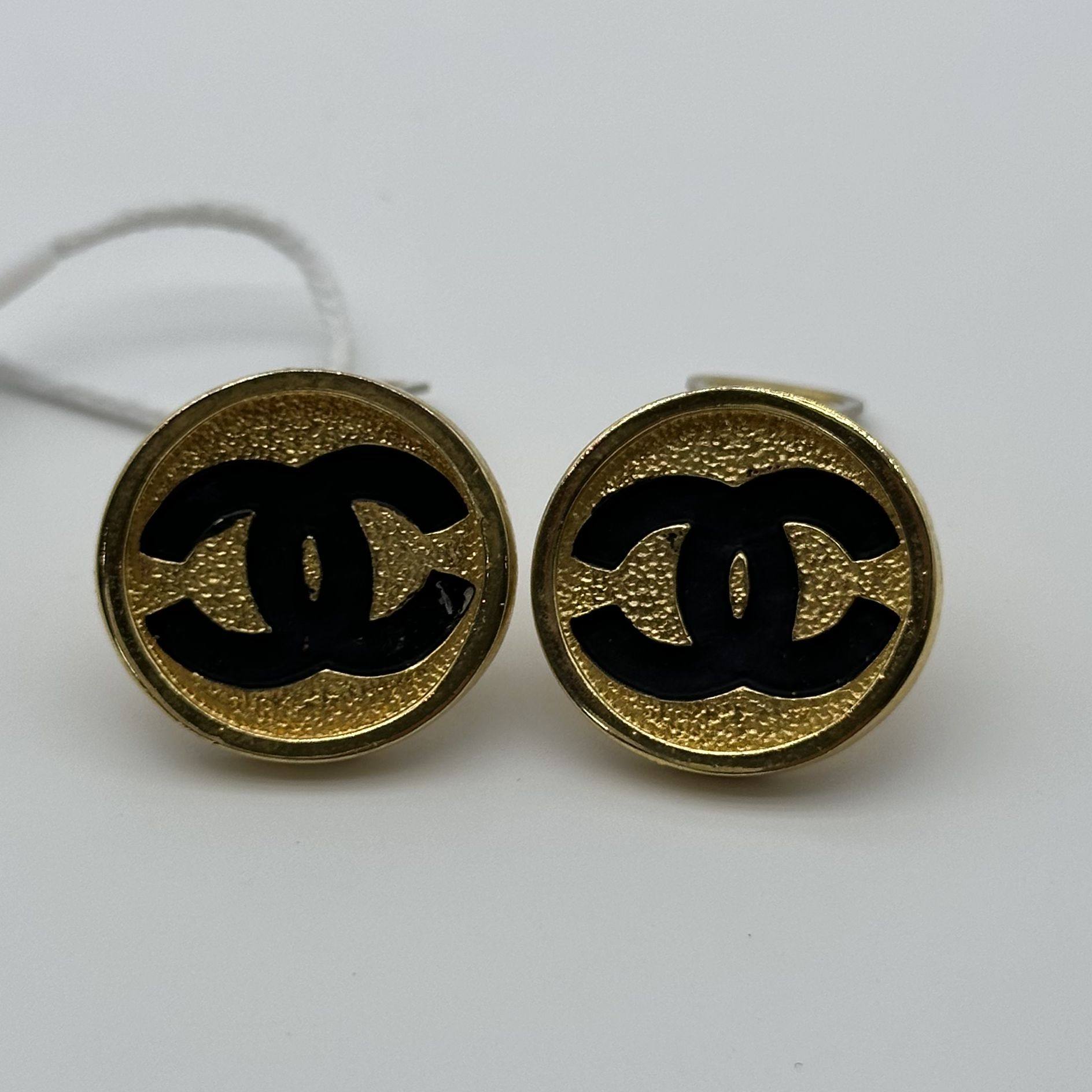 Chanel Gold Medallion Black Logo Clip-On Earrings Vintage