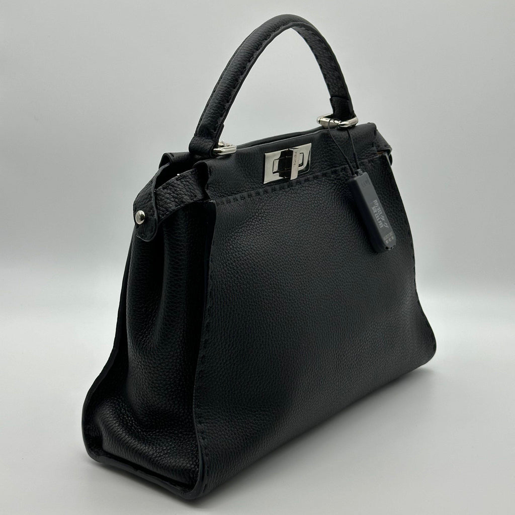 Fendi Peekaboo Regular Size Selleria Calfskin Leather 2WAY Handbag Shoulder Bag Black