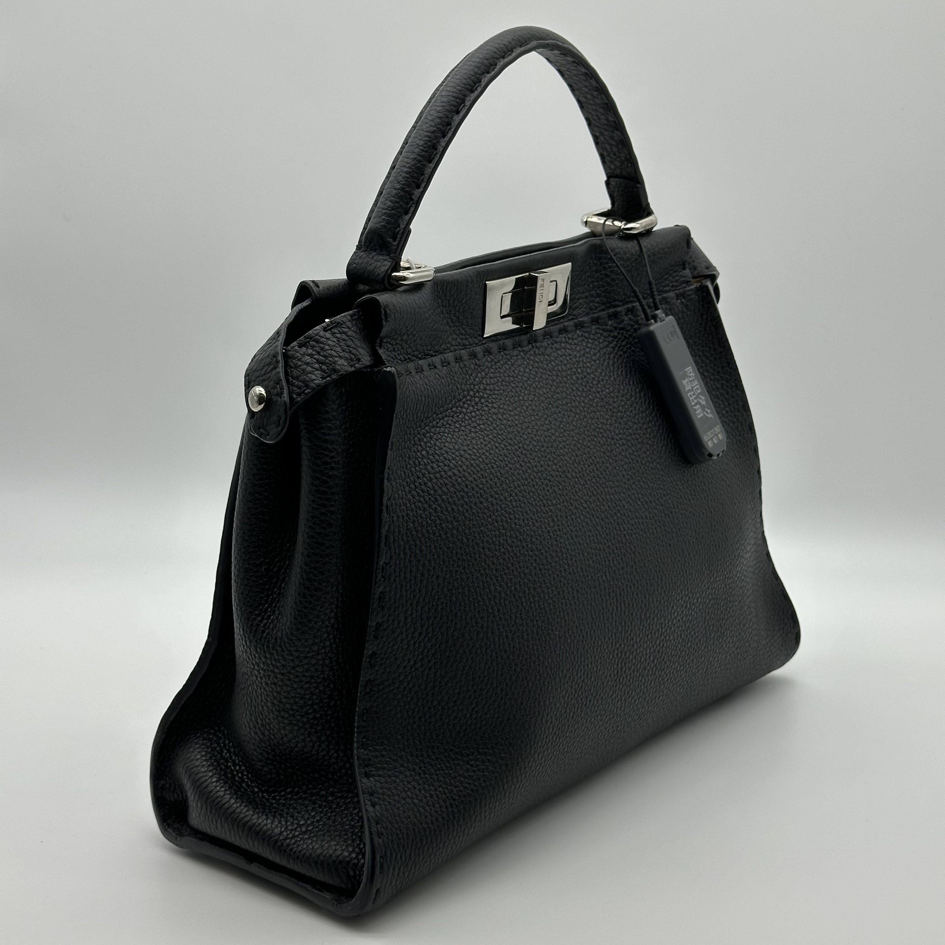 Fendi Peekaboo Regular Size Selleria Calfskin Leather 2WAY Handbag Shoulder Bag Black
