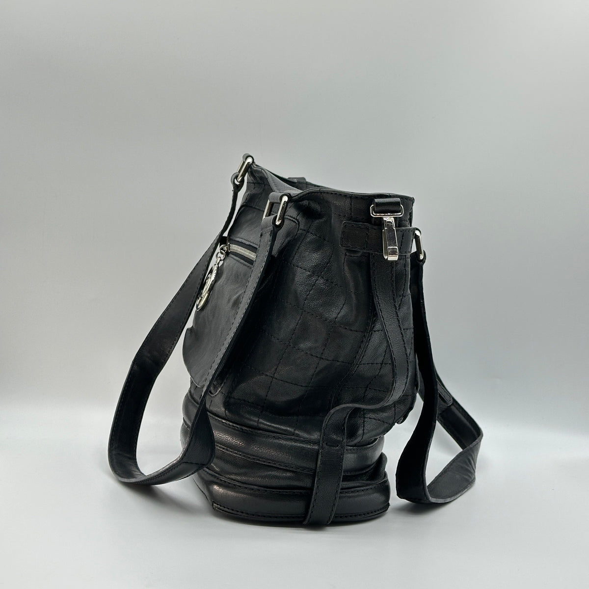 Chanel Distressed Leather CC Charm Black 2-Way Bucket Bag