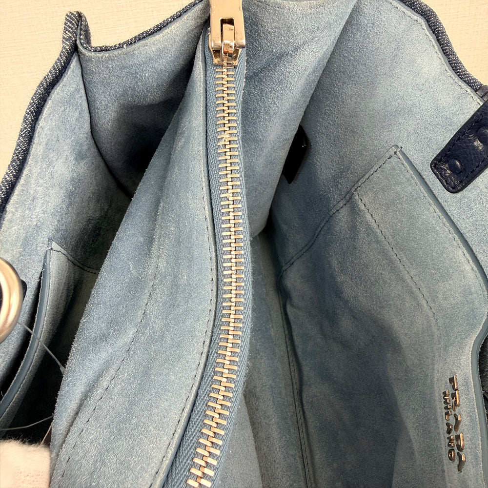 Prada Etiquette Denim Tote Bag Calfskin Leather Strap 2Way Shoulder Bag