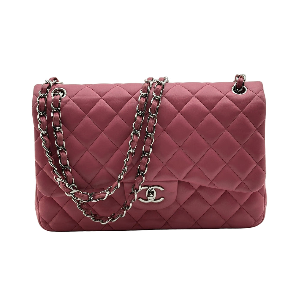 chanel lambskin pink leather classic flap bag  Jumbo Double Flap crossbody
