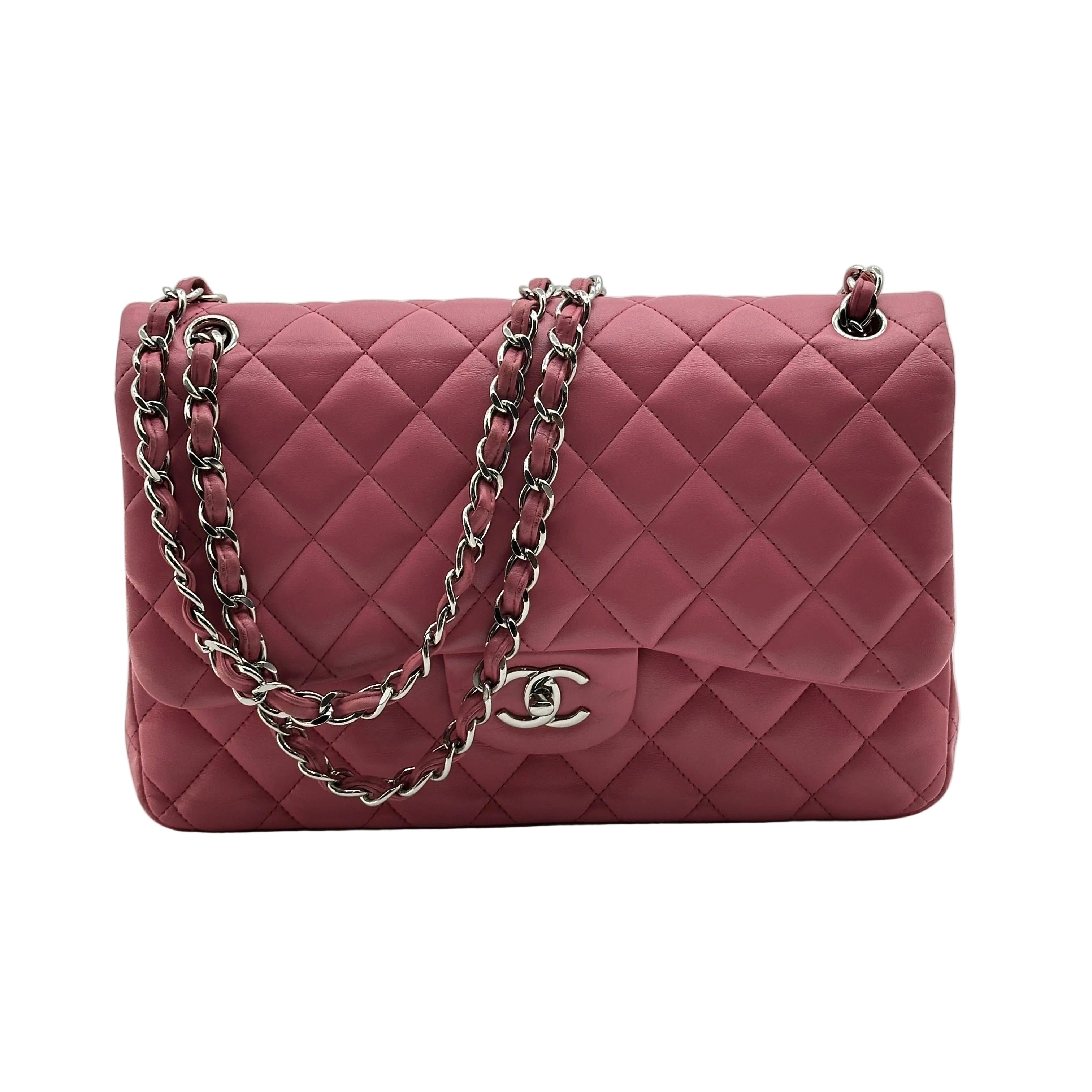 chanel lambskin pink leather classic flap bag  Jumbo Double Flap crossbody