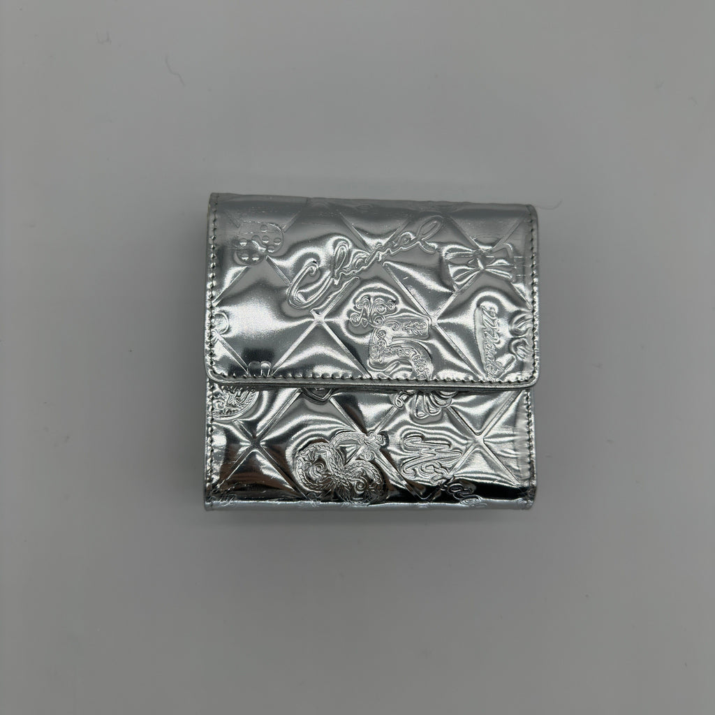 Chanel Icon Line Embossed Leather Metallic Silver Trifold Wallet