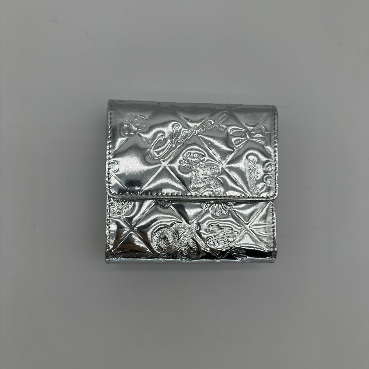 Chanel Icon Line Embossed Leather Metallic Silver Trifold Wallet