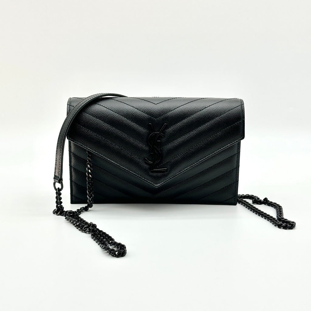 Saint Laurent Paris envelopes Leather Chain Wallet Black 695108