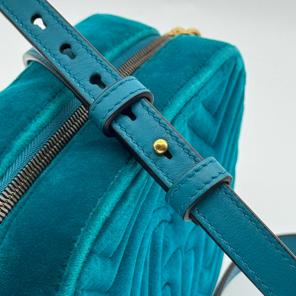 Gucci Quilted Velvet GG Marmont Small Teal Crossbody Bag