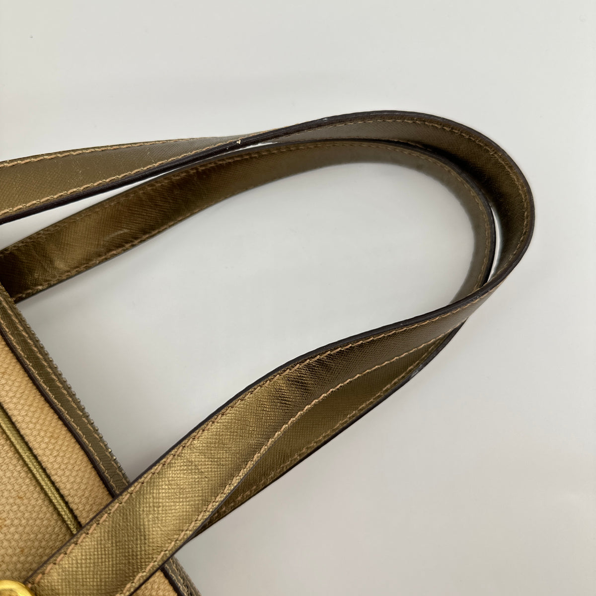 Prada Saffiano Trimmed Gold Bowling Handle Bag Gold Hardware