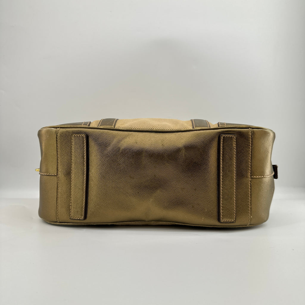 Prada Saffiano Trimmed Gold Bowling Handle Bag Gold Hardware