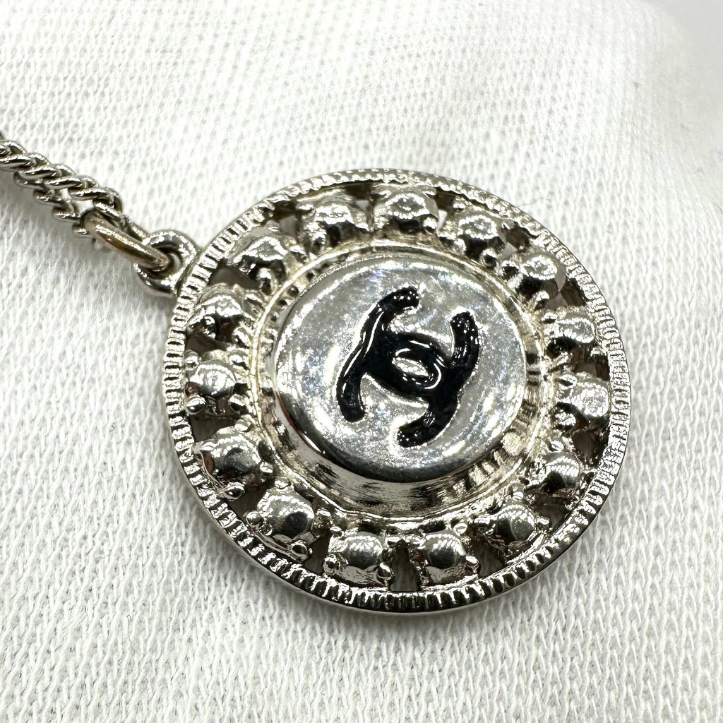 Chanel Vintage Cutout Double CC Coin Necklace Black Silver