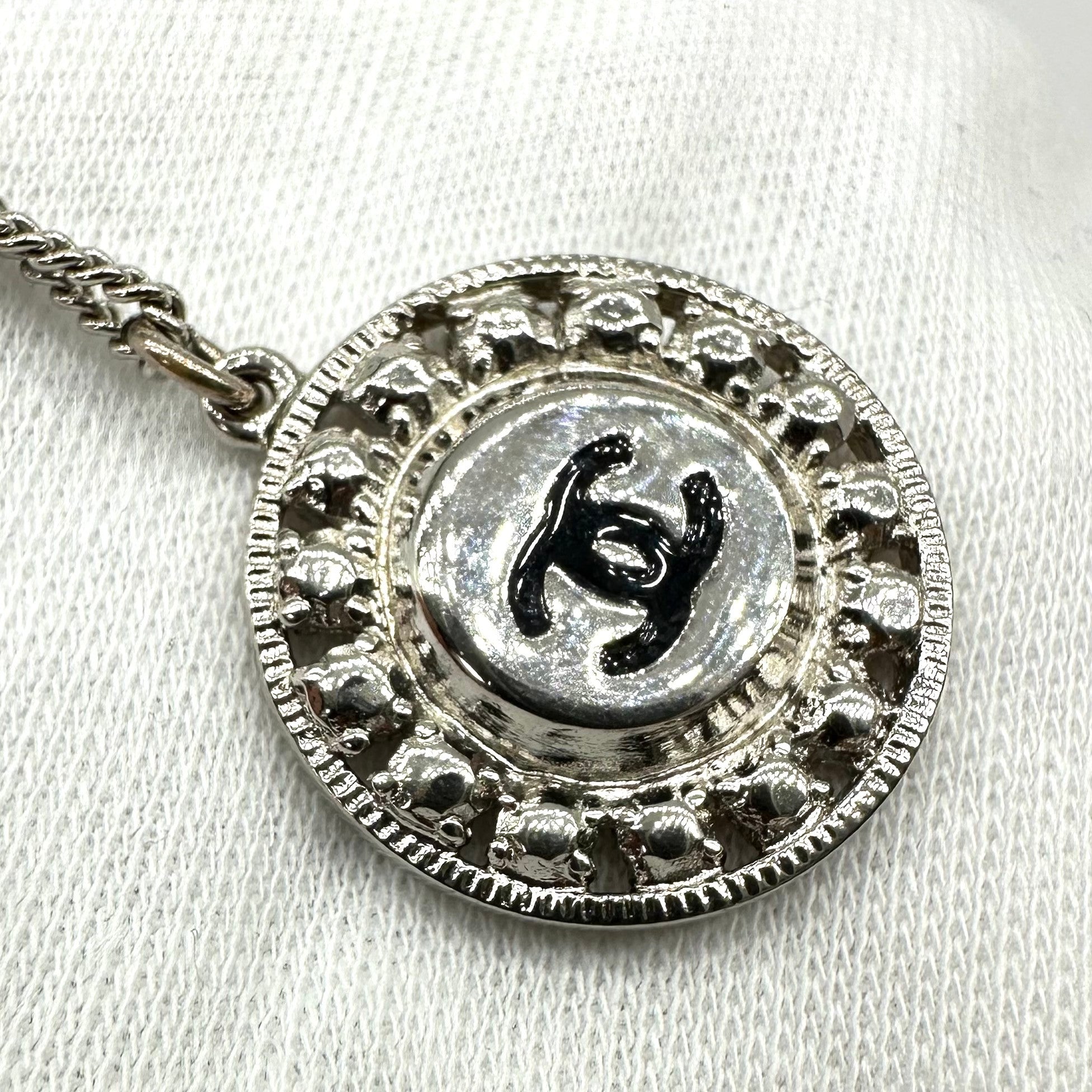 Chanel Vintage Cutout Double CC Coin Necklace Black Silver