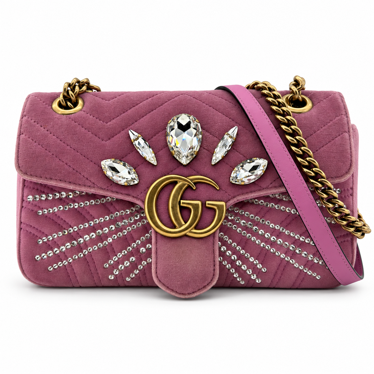 Gucci GG Marmont Velvet Crystal Shoulder Bag Pink 443497