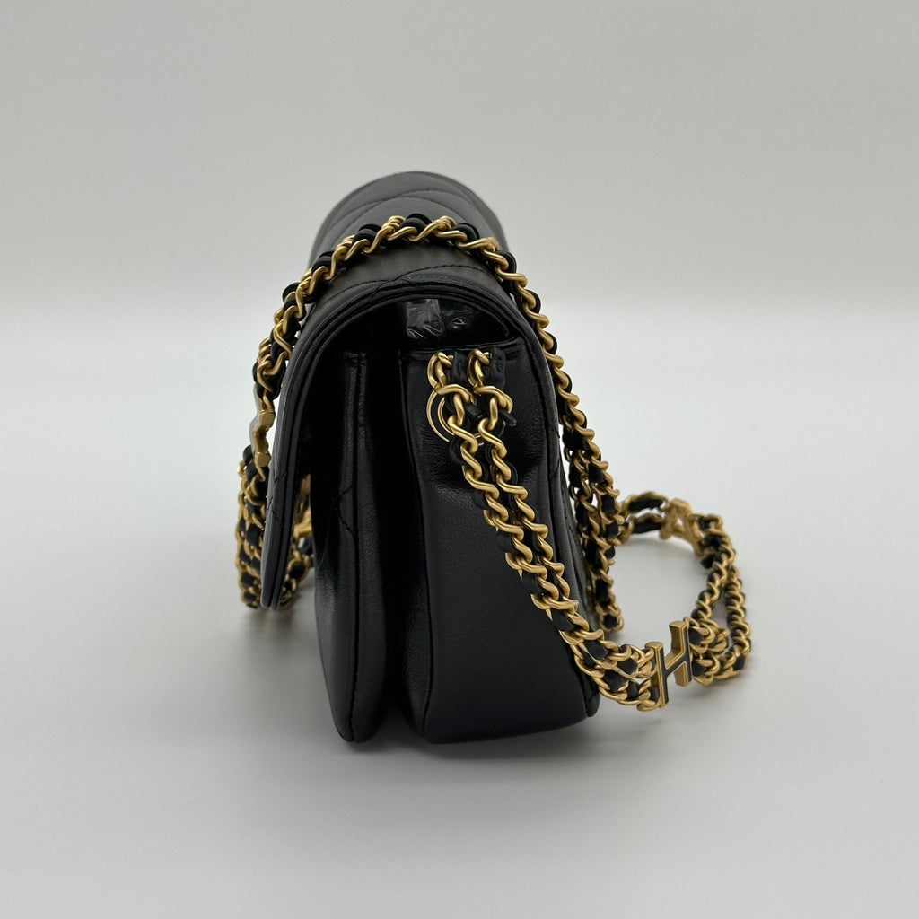 Chanel 24S Lambskin Double Chain Square Flap Bag Enamel Coco Logo Black Gold Hardware RFID