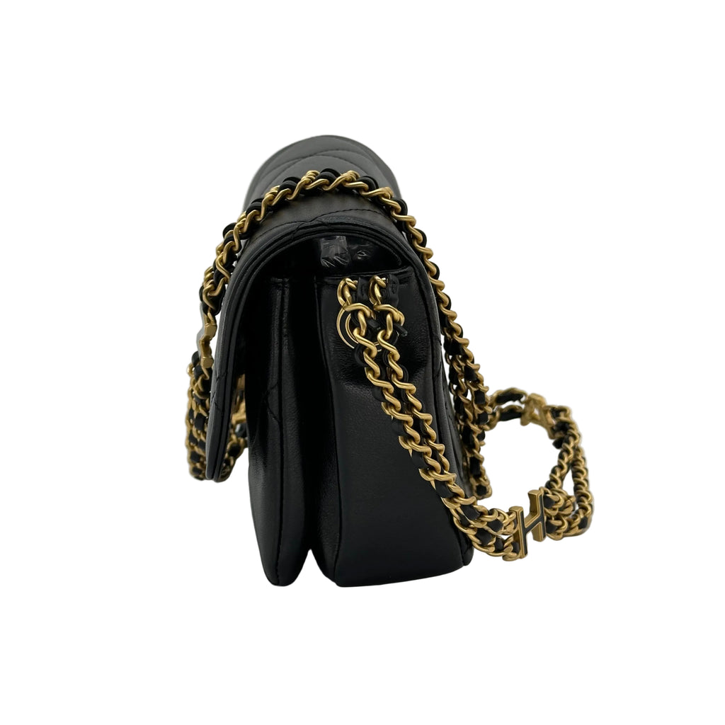 Chanel 24S Lambskin Double Chain Square Flap Bag Enamel Coco Logo Black Gold Hardware RFID