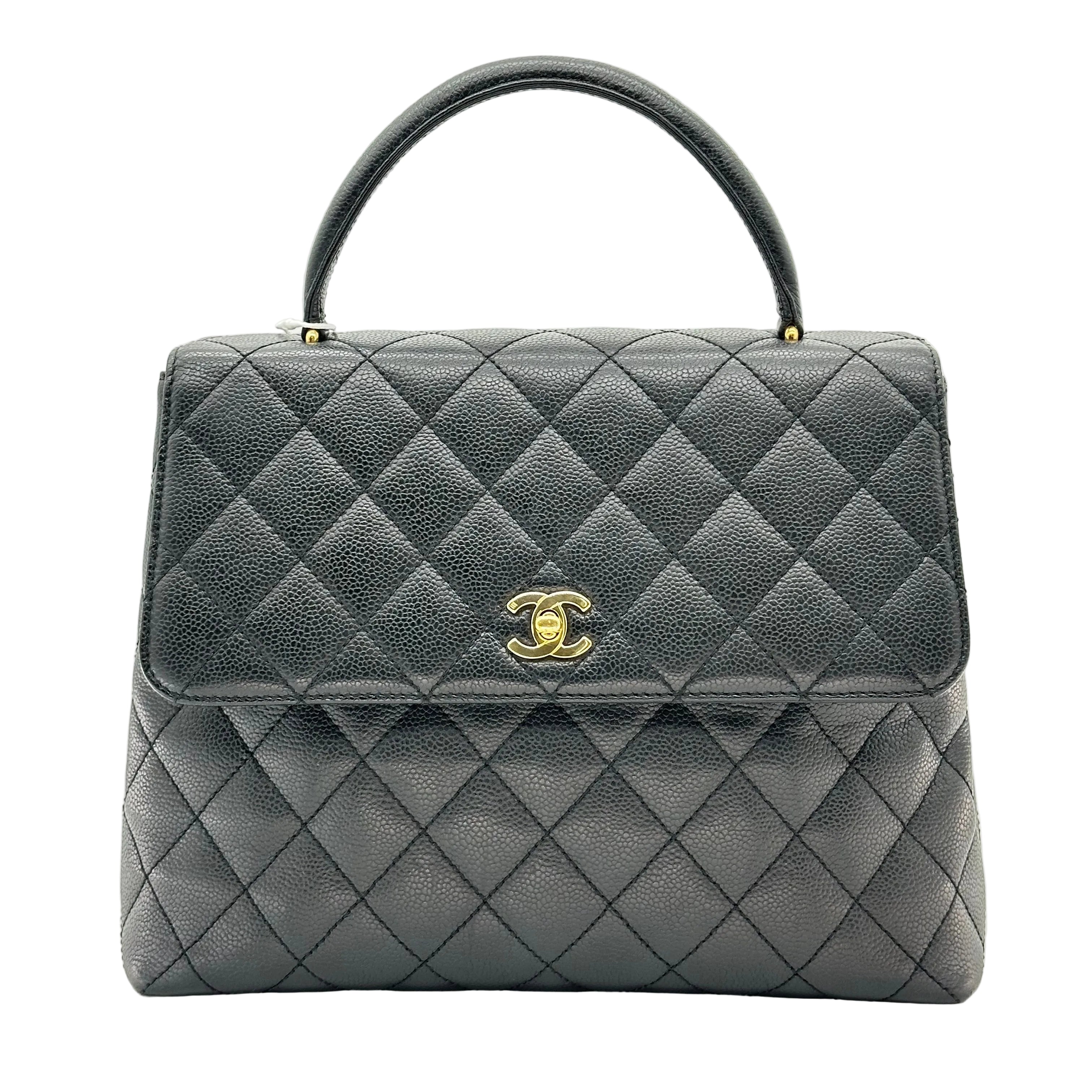 Chanel Kelly Top Handle Handbag Caviar Leather Black Gold Hardware Matelasse 6 Series