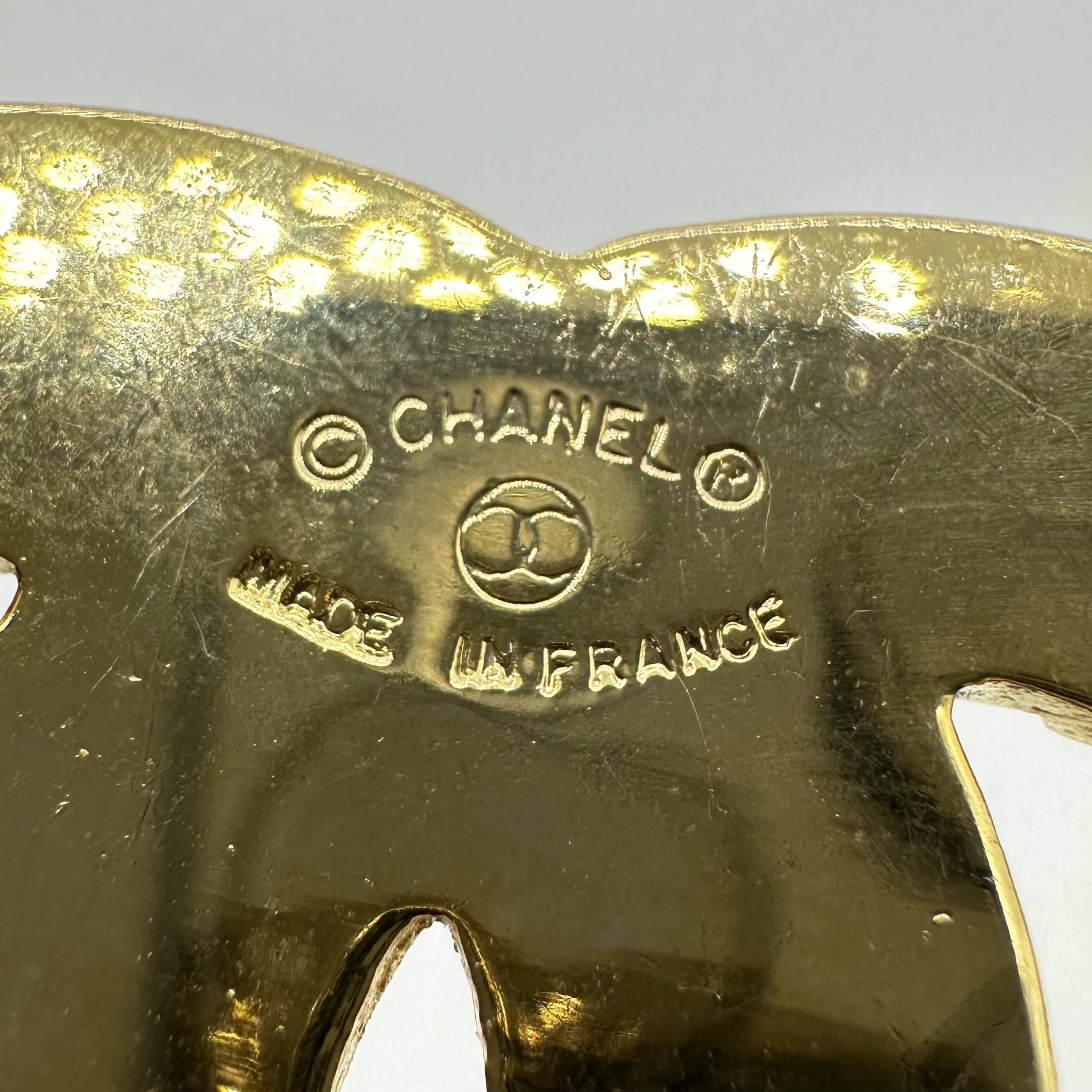 Chanel Gold Wheat Trim Rhinestone Double C Logo Brooch