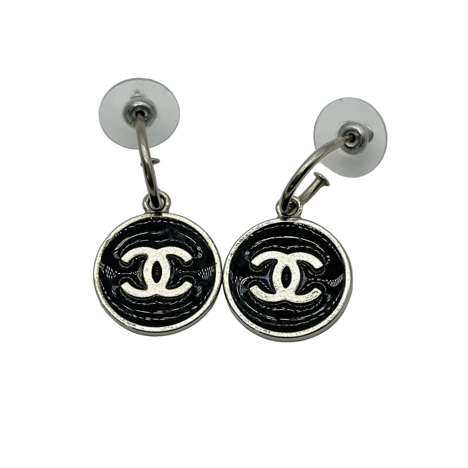 Chanel black and silver enamel vintage stud earrings 05V