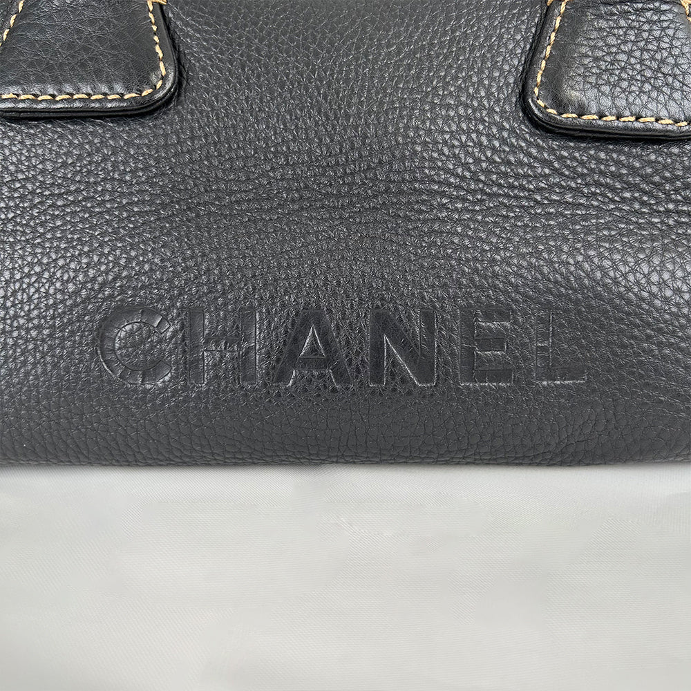 CHANEL Fringe Charm Handbag Mini Boston Bag Logo Embossed Coco Mark Engraved Silver Hardware Leather
