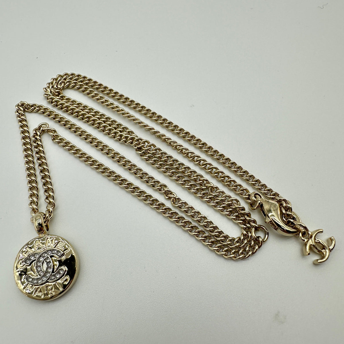 Chanel ABG026 Gold Rhinestone Coco Mark Coin Necklace