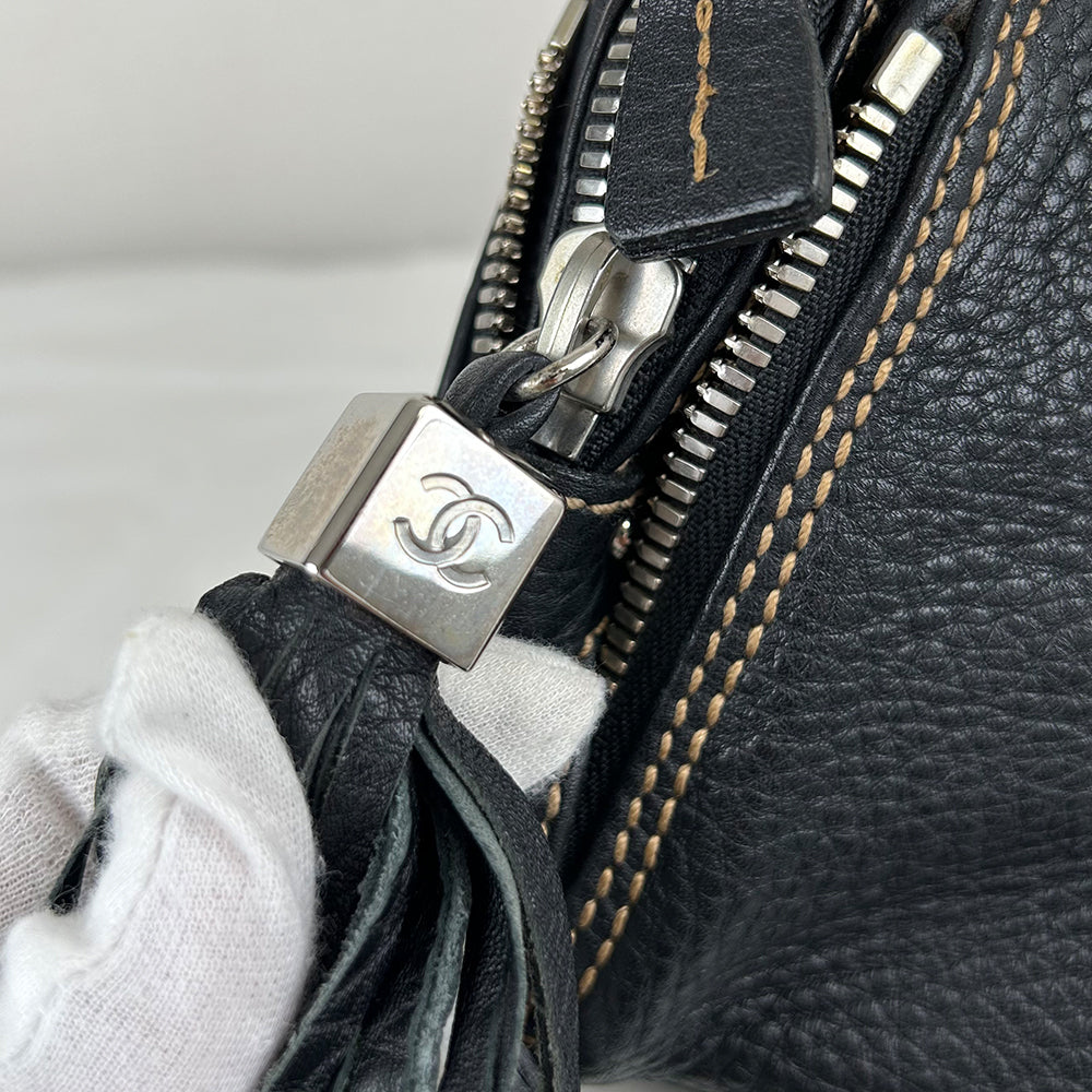 CHANEL Fringe Charm Handbag Mini Boston Bag Logo Embossed Coco Mark Engraved Silver Hardware Leather