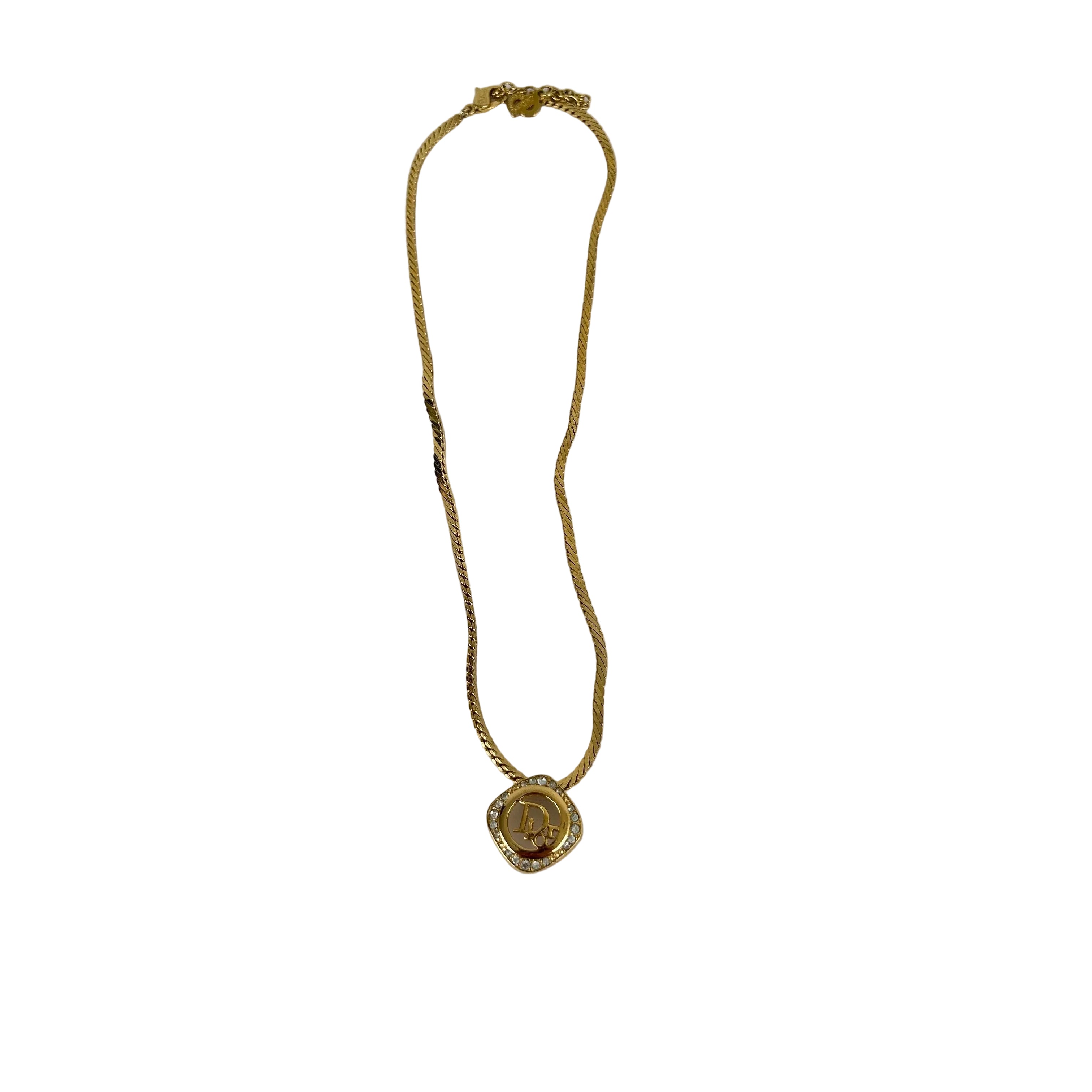 Christian Dior Square Round Rhinestone Dior Logo Necklace Gold Tone