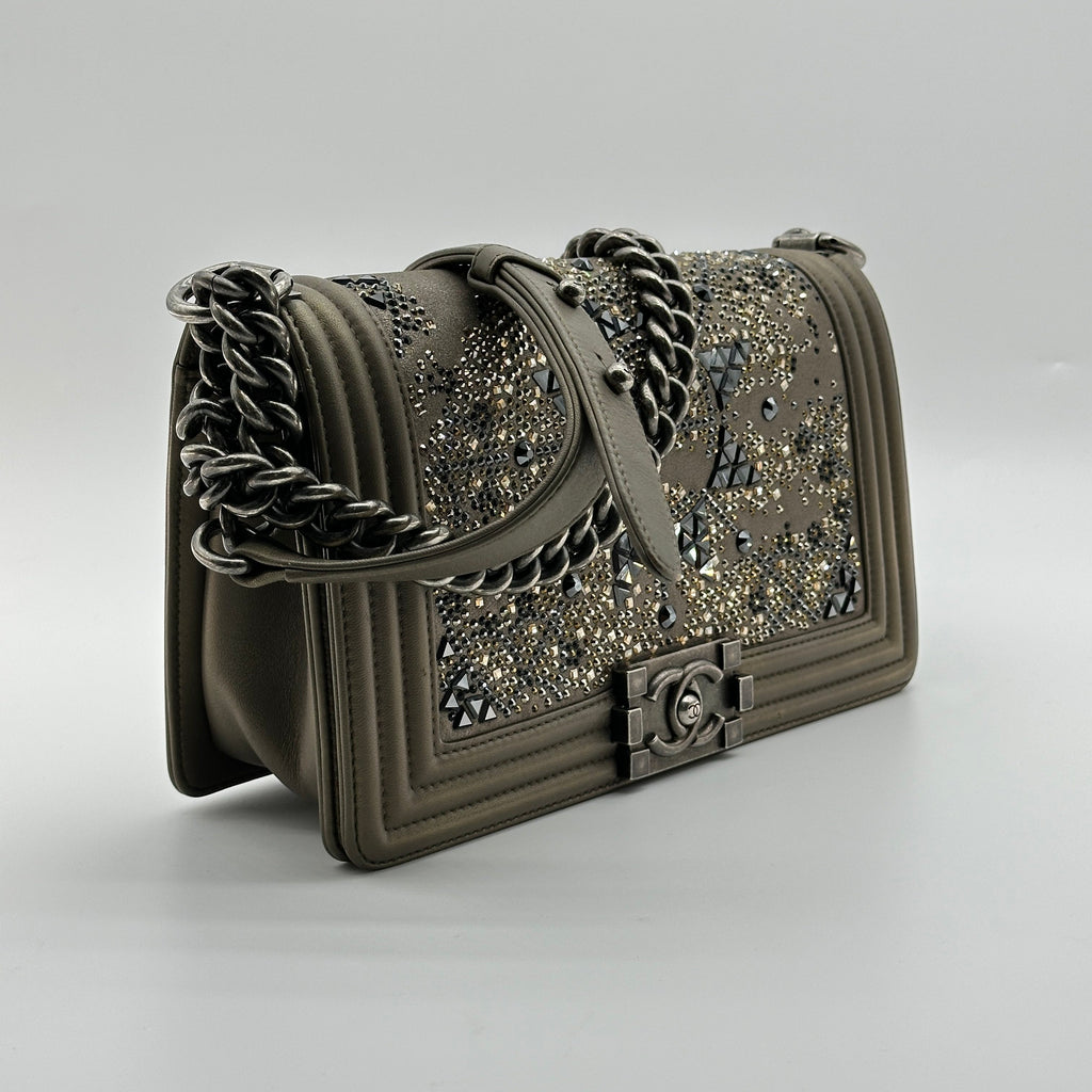 Chanel BOY CHANEL 25 Lambskin x rhinestone Chain Shoulder Bag Brown Gunmetal Fittings 23082107 23XXXXXX A67086