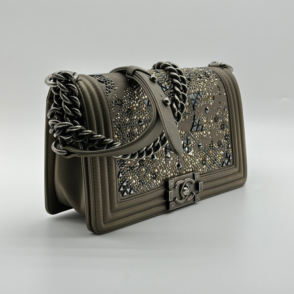 Chanel BOY CHANEL 25 Lambskin x rhinestone Chain Shoulder Bag Brown Gunmetal Fittings 23082107 23XXXXXX A67086