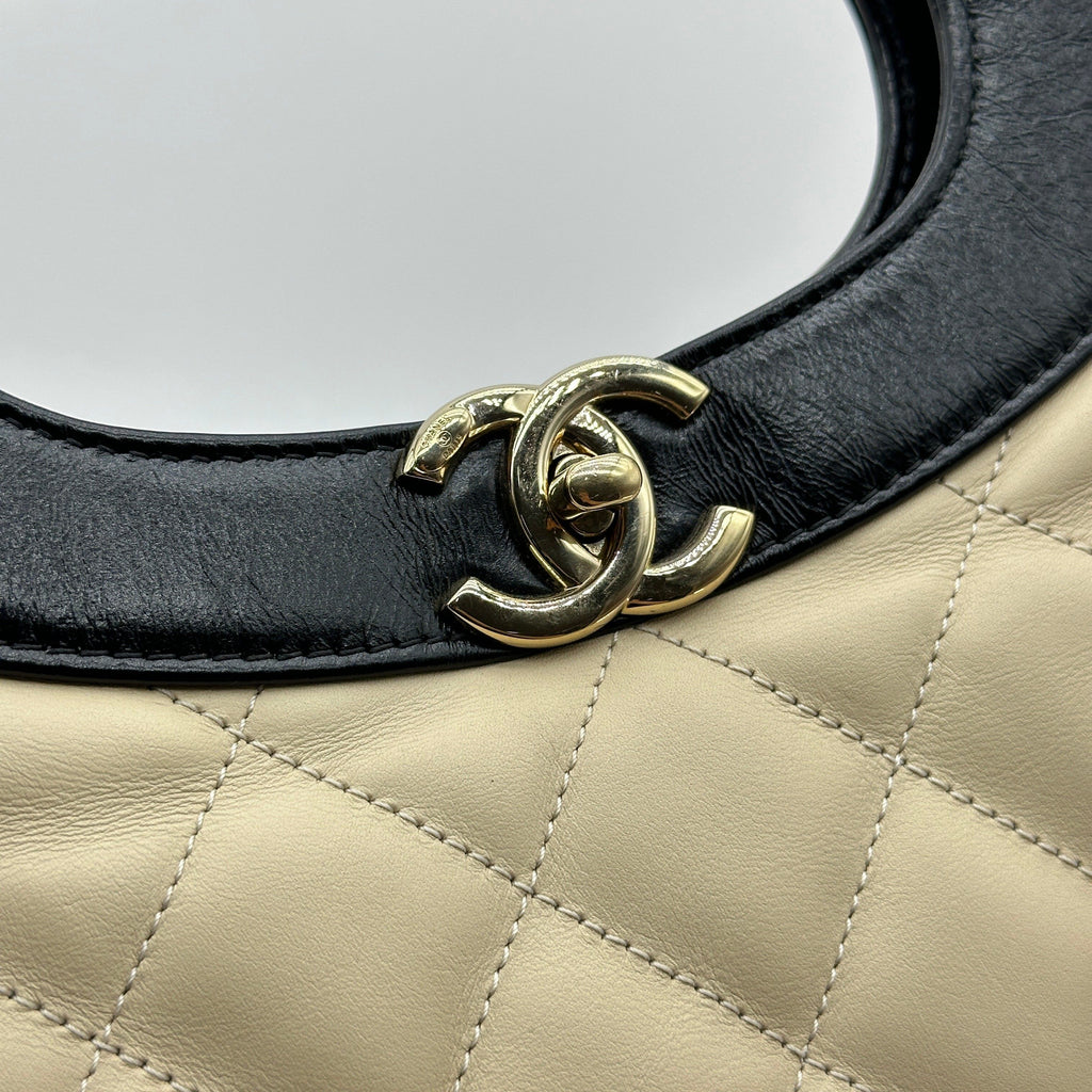 Chanel Quilted Beige Black Leather Trim Shoulder Tote Bag
