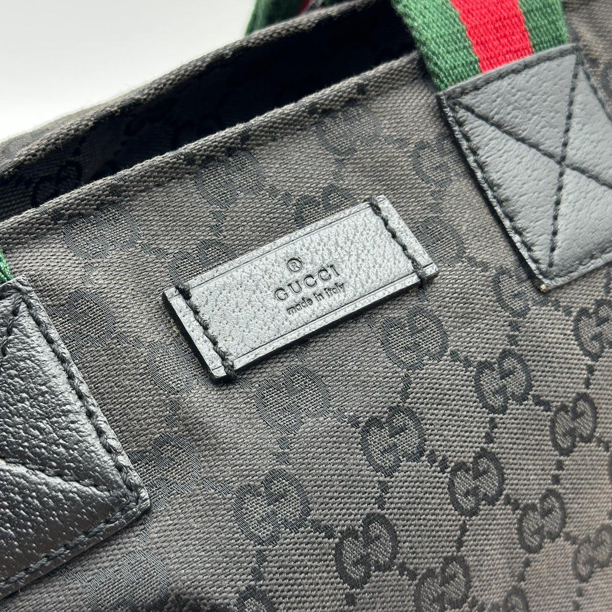 Gucci GG Canvas Leather Black Web Stripe Tote Bag