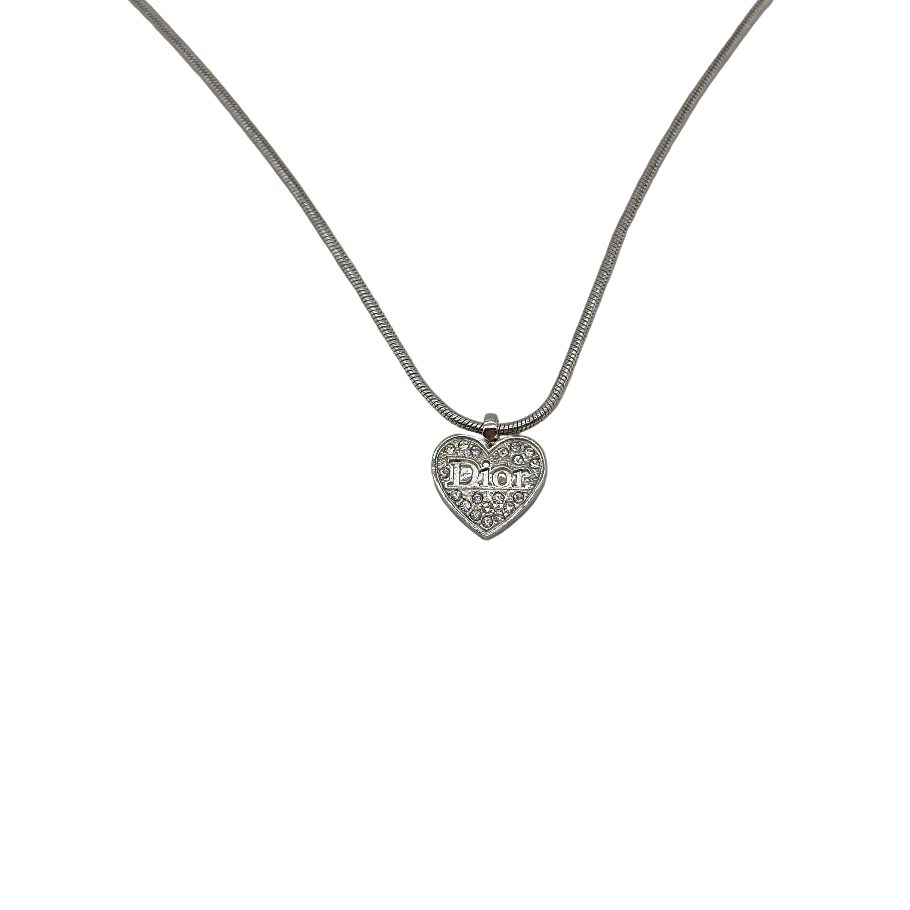 Christian Dior Heart Rhinestone Logo Necklace Silver Snake Chain